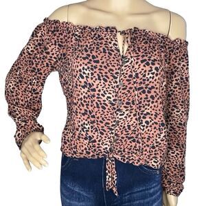 Rewind Leopard Off Shoulder Long Sleeve Button-down Blouse Top Tan Black Medium